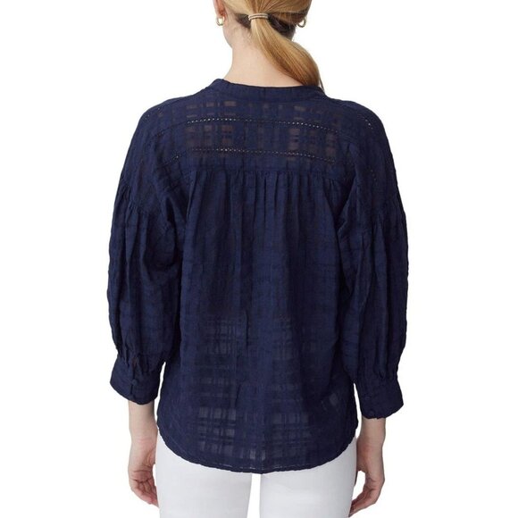 J. McLaughlin Ushi Linen-Blend Blouse Button Front 3/4 Sleeve Semi Sheer Navy S - Picture 2 of 11